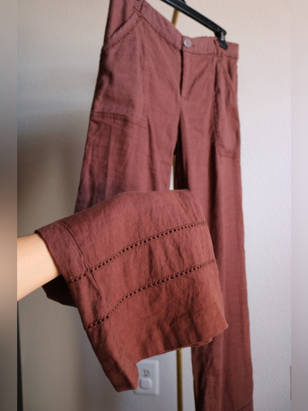 Elevenses Anthropologie Brown Linen Rayon Blend Wide Leg Boho Pants Size 6